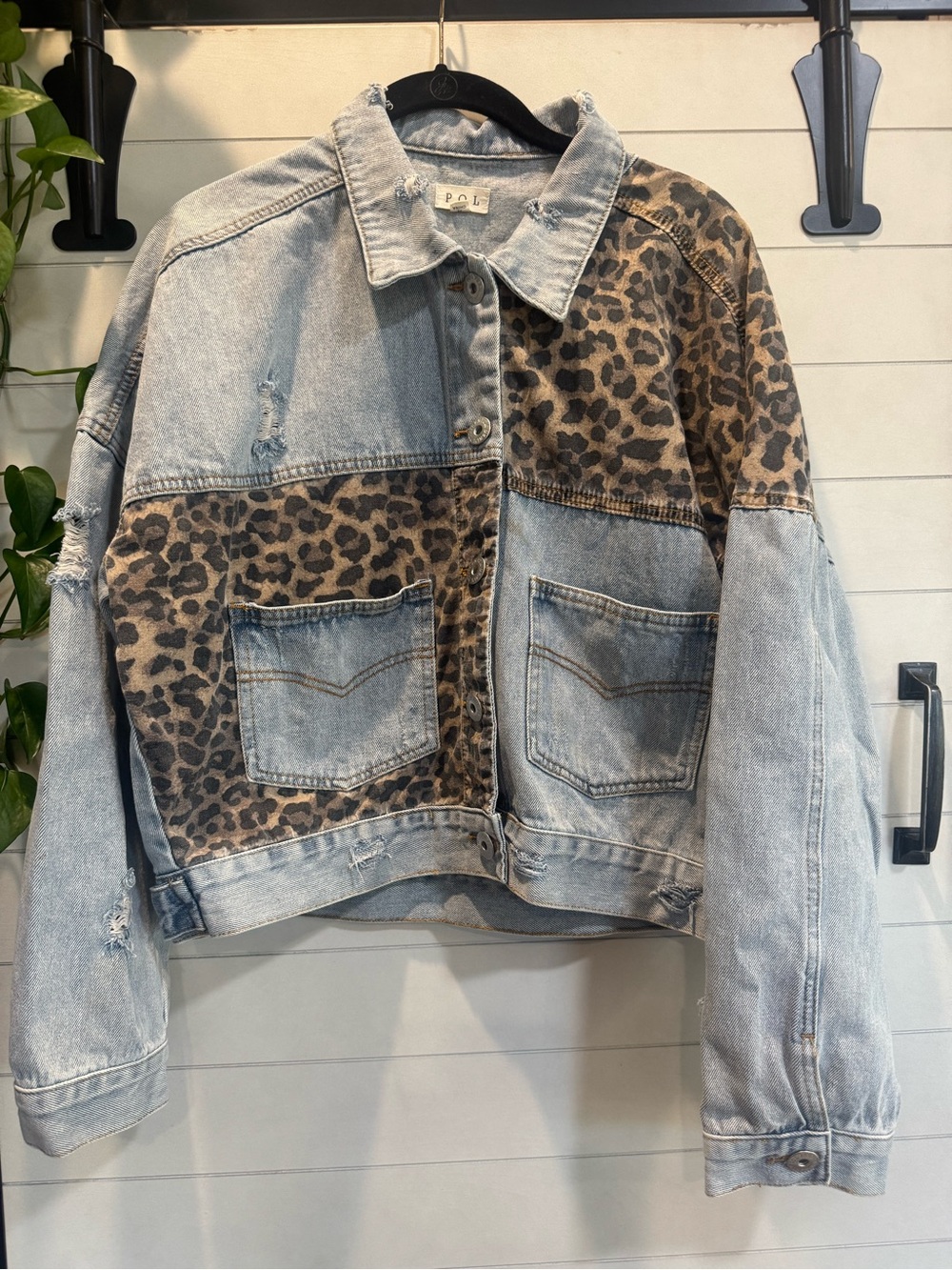 POL Light Wash Slightly Cropped Denim Jacket with Leopard Patchwork